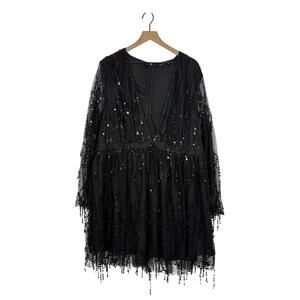 Double Crazy Sequin Mini Dress Plus Size 4XL Black Deep V-Neck Party Club Fringe